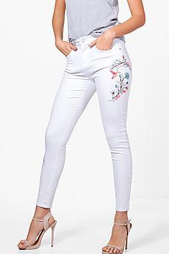 Boohoo Jess Mid Rise Embroidered Skinny Jeans