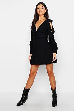 Boohoo Ruffle Sleeve Button Front Skater Dress
