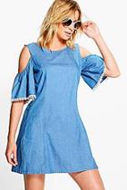 Boohoo Amy Open Shoulder Chambray Trimmed Dress