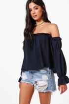 Boohoo Kayla Off The Shoulder Frill Detail Blouse Navy