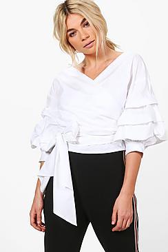 Boohoo Charlotte Wrap Front Ruffle Shirt