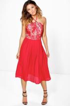Boohoo Betty Lace Top Pleated Skirt Skater Dress Red