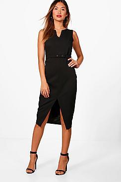 Boohoo Jennifer Split Front Woven Tailored Belted Dress