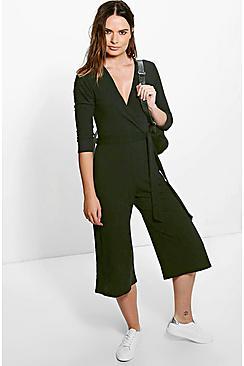 Boohoo Jen Ribbed Self Belt Wrap Front Culotte Jumpsuit