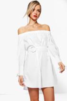 Boohoo Ava Off Shoulder O-ring Belted Shift Dress White