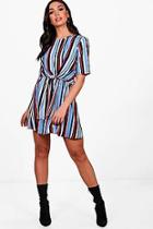 Boohoo Edith Tie Front Knot Stripe Shift Dress