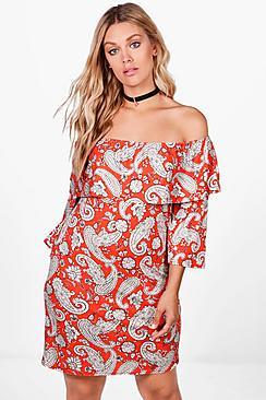 Boohoo Plus Nina Off The Shoulder Paisley Shift Dress