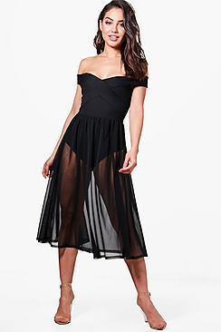 Boohoo Darcy Mesh Skirt Midi Skater Dress