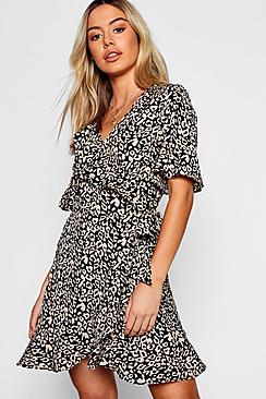 Boohoo Petite Leopard Print Ruffle Wrap Dress