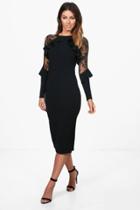 Boohoo Penelope Lace Detail Frill Midi Dress Black