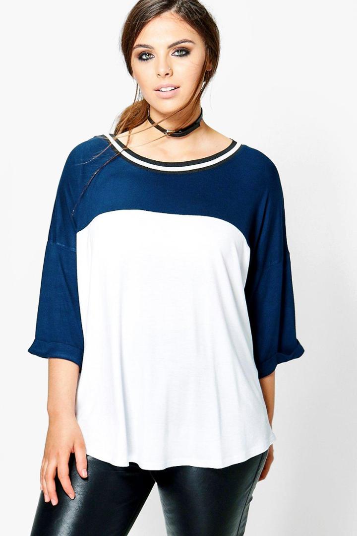 Boohoo Plus Hannah Colour Block Rib Detail Tee Navy