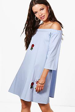 Boohoo Sophie Embroidered Off Shoulder Dress
