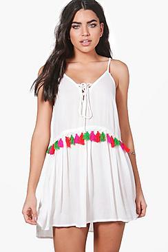 Boohoo Abigail Tassel Tie Up Beach Dress
