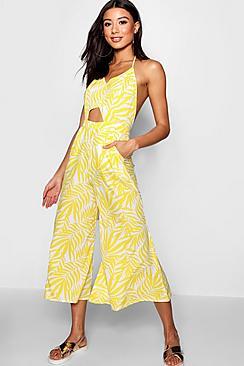 Boohoo Yellow Palm Jumpsuit