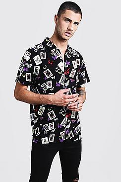 Boohoo Playing Card Print Short Sleeve Revere Shirt