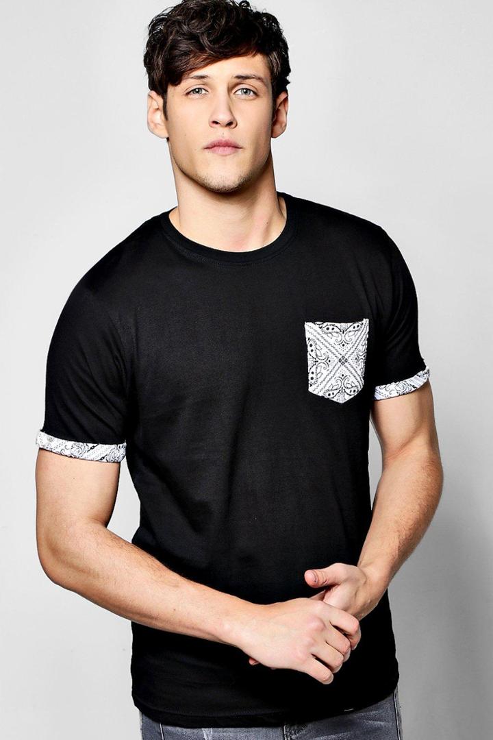 Boohoo Paisley Pocket Turn Up T Shirt Black