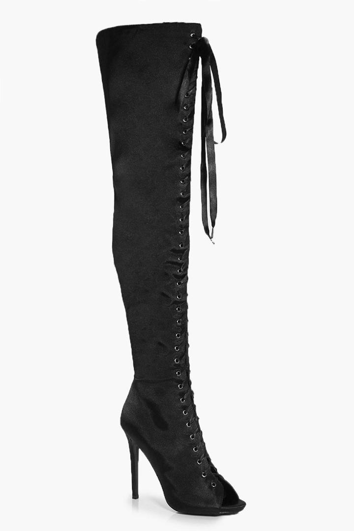 Boohoo Scarlet Satin Lace Up Peeptoe Over The Knee Black