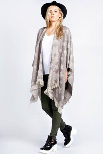 Boohoo Alva Boucle Star Tassel Blanket Cape - Taupe