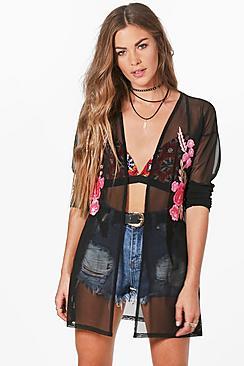Boohoo Clara Embroidered Mesh Kimono