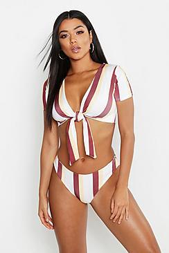 Boohoo School Stripe Front Tie Bikini