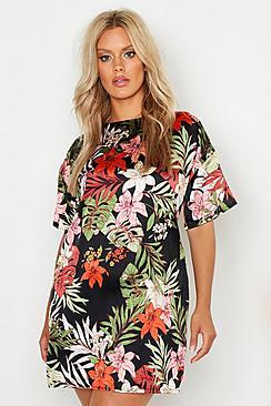 Boohoo Plus Satin Tropical Shift Dress