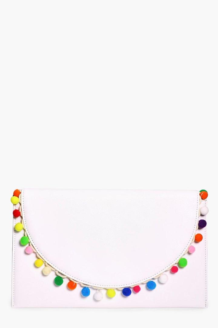 Boohoo Sophie Pom Pom Trim Clutch Bag White