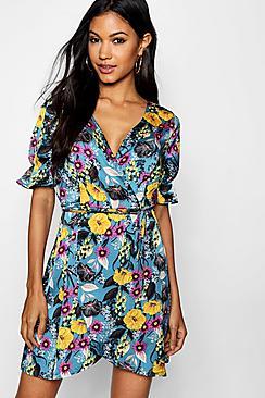 Boohoo Satin Floral Ruffle Sleeve Detail Skater Dress