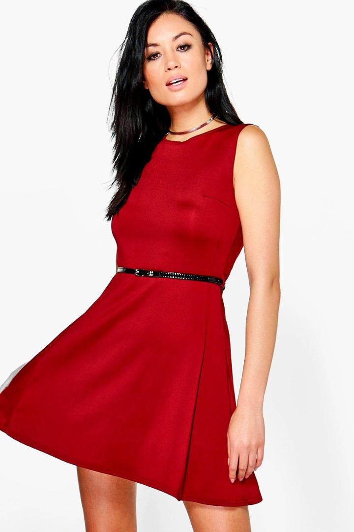 Boohoo Emily Belted Scuba Skater Dress Wine