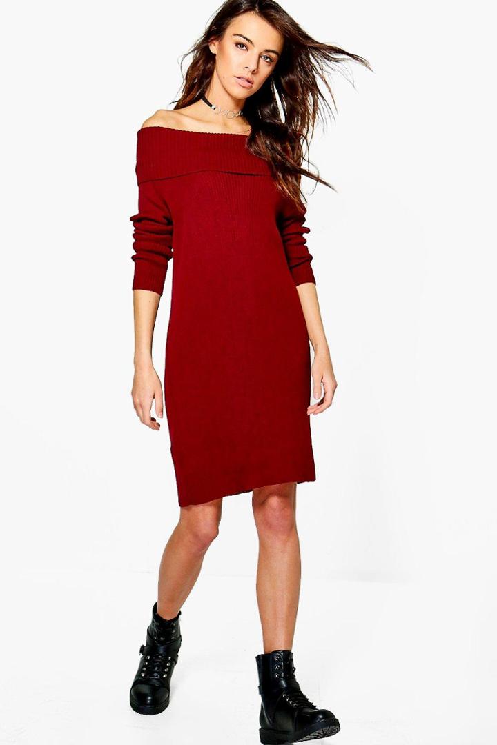 Boohoo Elizabeth Rib Knit Bardot Jumper Dress Wine