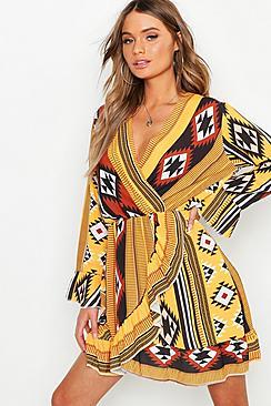 Boohoo Boho Aztec Ruffle Tea Dress