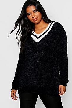 Boohoo Plus V Neck Oversized Sports Stripe Knit Jumper