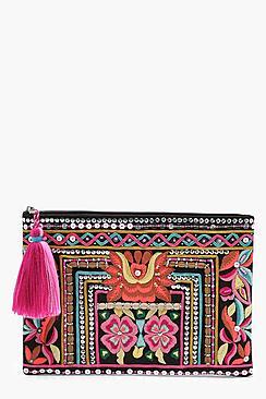 Boohoo Jenny Embroidery & Bead Zip Top Clutch