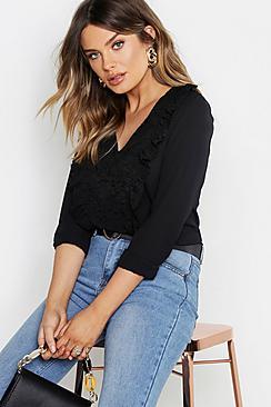 Boohoo Ruffle Lace V Front Blouse