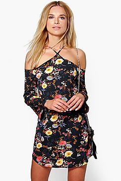 Boohoo Sofia Floral Halterneck Cold Shoulder Dress