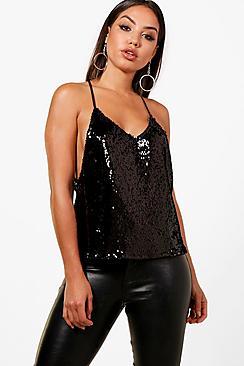 Boohoo Emily Sequin Drape Back Cami