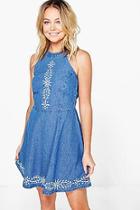 Boohoo Gia Embroidered Denim Skater Dress