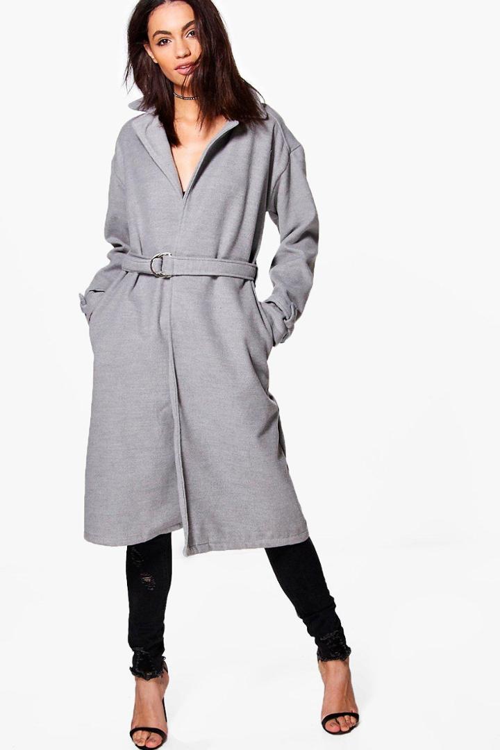 Boohoo Cindy D-ring Belted Coat Grey