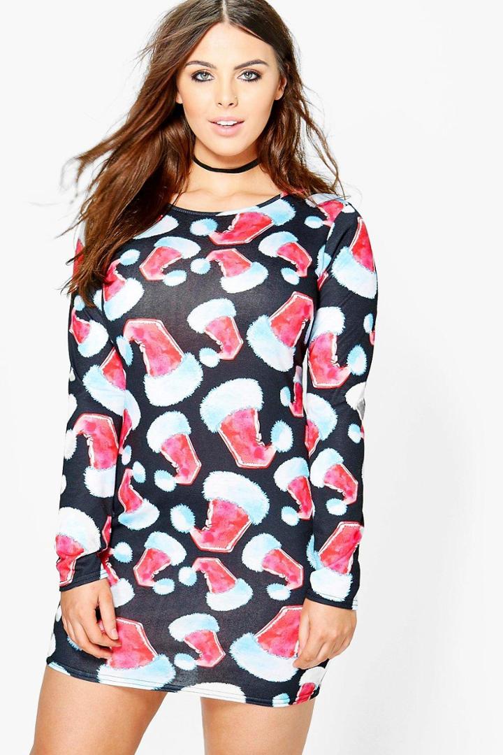 Boohoo Plus Sara Santa Hat Christmas Bodycon Dress Multi