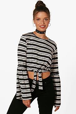 Boohoo Lauren Stripe Tie Front Flare Sleeve Top
