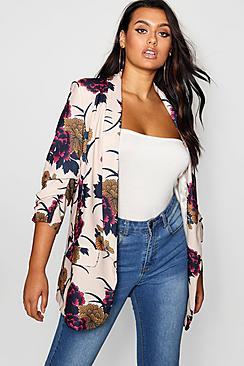Boohoo Plus Sleeve Floral Fitted Blazer