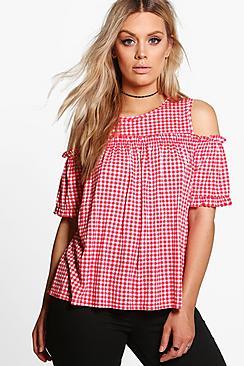 Boohoo Plus Zoe Gingham Cold Shoulder Ruffle Top