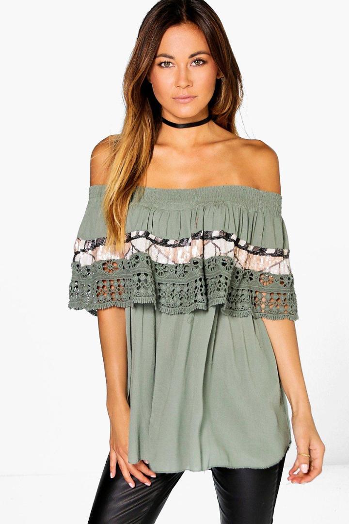 Boohoo Belle Sequin Trim Crochet Bardot Top Khaki