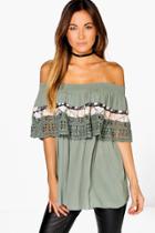 Boohoo Belle Sequin Trim Crochet Bardot Top Khaki