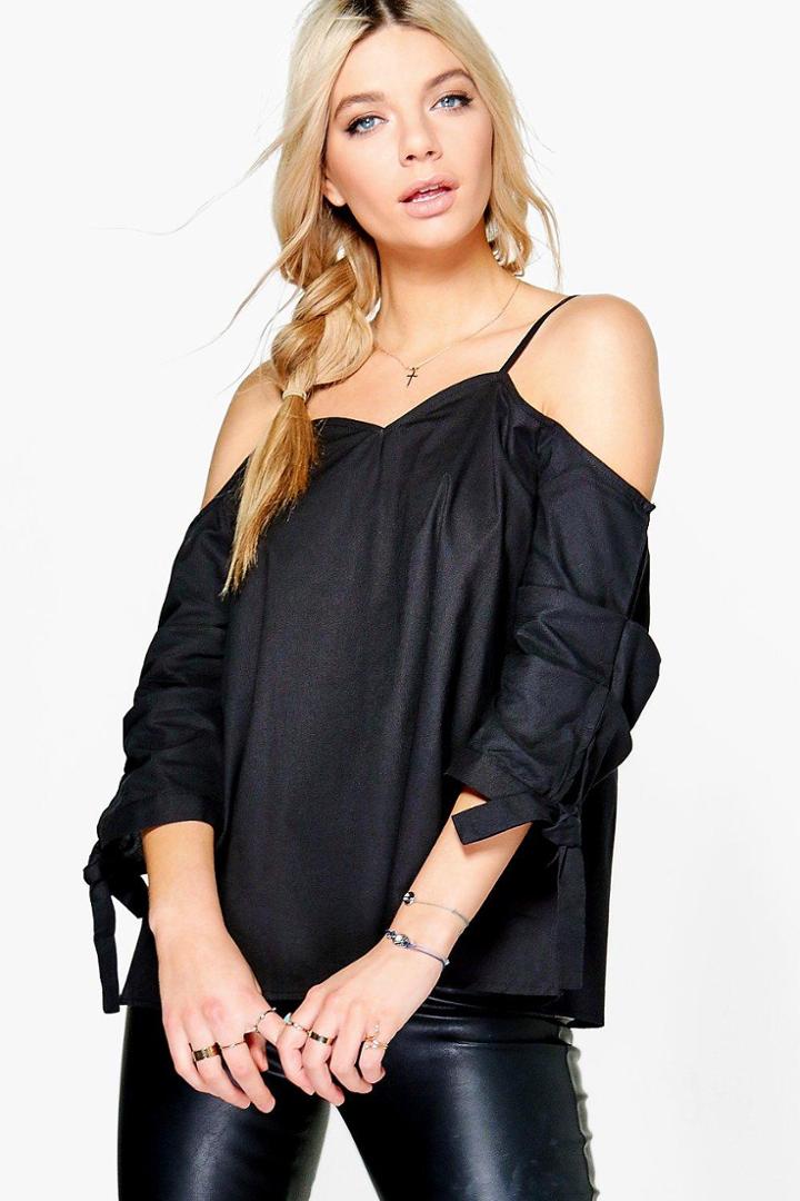 Boohoo Ava Cold Shoulder Ruched Sleeve Top Black