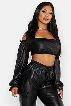 Boohoo Pu Ruched Detail Peasant Crop Top