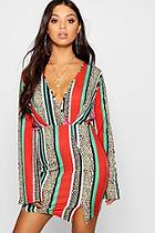 Boohoo Petite Leopard And Stripe Kimono Sleeve Dress