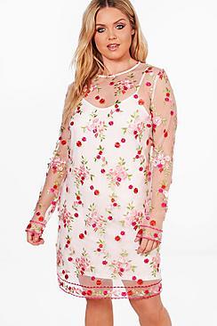 Boohoo Plus Nancy Embroidered Mesh Shift Dress