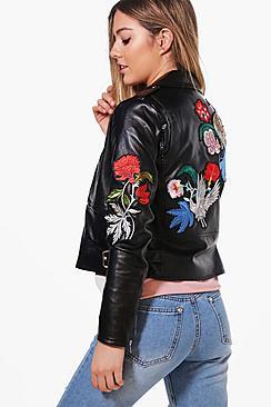 Boohoo Petite Safia Applique Pu Biker Jacket