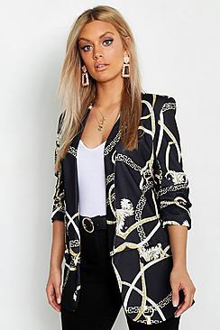 Boohoo Plus Chain Print Rouched Sleeve Blazer