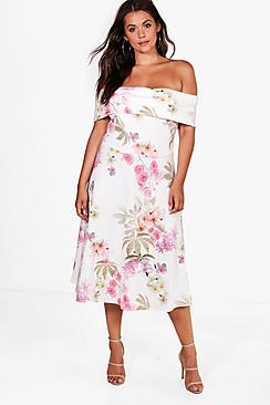 Boohoo Plus Zoe Oversized Bardot Midi Skater Dress